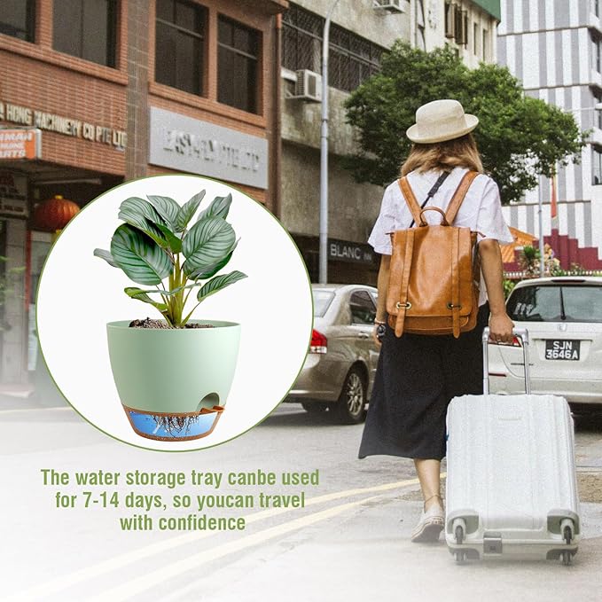 10 inch Self Watering Pots, 2 Pack Plastic Planters with Mesh Drainage Holes for Garden Plants and Flower, Plants Pots with Deep Reservoir for Indoor Outdoor Plants, Green with Brown WSMKSZ