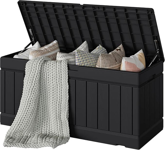 Devoko 78 Gallon Deck Box, Waterproof Resin Outdoor Storage Box for Outside and Patio, Outdoor Storage Bench Lockable for Patio Furniture, Garden Tools and Pool Supplies (Black, 78 Gallon) DEVOKO