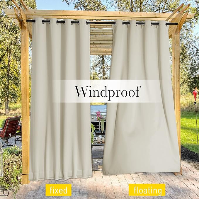 NICETOWN 2 Panels Weighted Outdoor Curtains for Patio Waterproof, Top & Bottom Grommet & Back Tab Fixed Outdoor Curtains Windproof Drapes Thermal Insulated for Pergola, W84 x L95, Beige NICETOWN