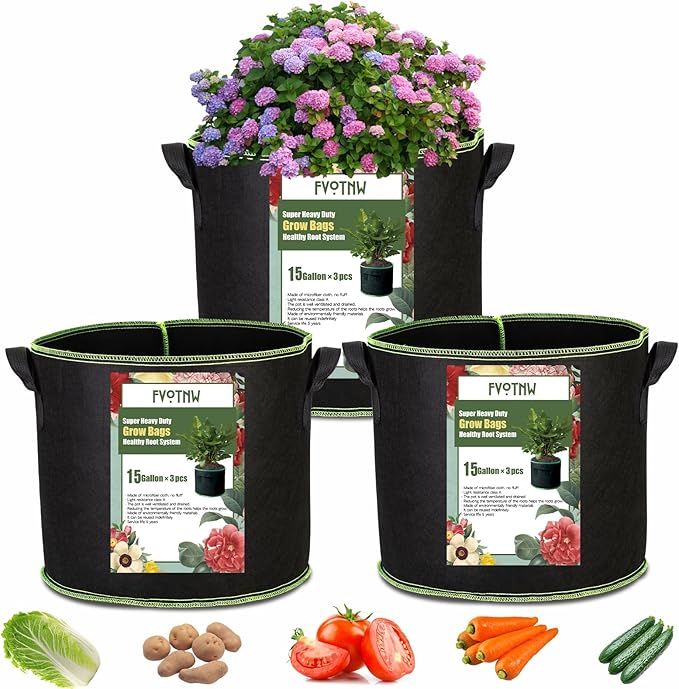 3-Pack 15 Gallon Plant Grow Bags, Thickened Nonwoven Fabric Pots with Handles,Sturdy Garden Planters Aeration Gardening Container to for Plants, Vegetables, and Flowers FVOTNW