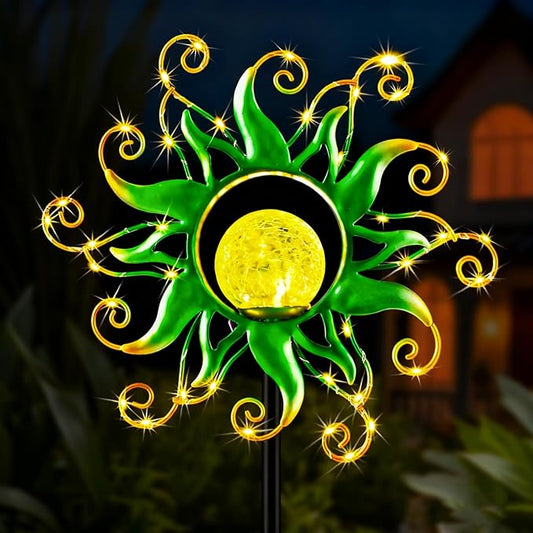Solar Garden Lights Outdoor, Green Metal Sun Stake with 30 LED Waterproof Vine String Crackle Glass Spring Decor for Patio,Yardr,Lawn Gardening Birthday Gifts KACUX