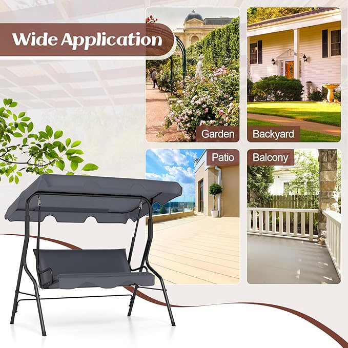 Tangkula 3 Person Porch Swing, Patio Swing with Removable Cushion & Powder-Coated Steel Frame, Outdoor Swing with Canopy for Porch, Backyard, Garden, Balcony (Gray) TANGKULA