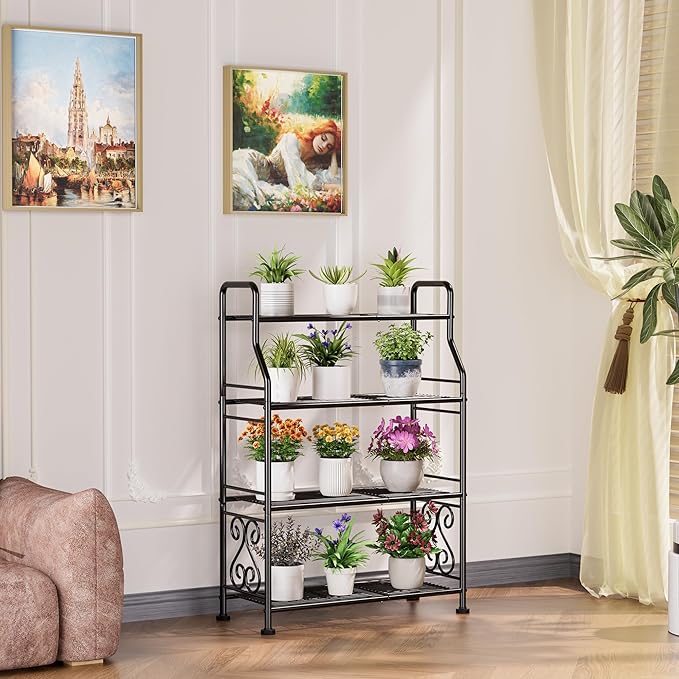 GIOTORENT Plant Stand Outdoor Indoor 4 Tier Metal Waterproof - 41.3" Plant Shelf for Patio, Balcony, Living Room, Large Capacity Tiered Plant Rack, Black GIOTORENT