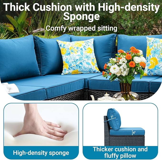 Jing's Villa 5-Piece Patio Furniture Set, All-Weather Outdoor Wicker Sectional Sofa with Cushions, Tempered Glass Table & Ottoman, Rattan Conversation Seating for Porch, Garden, Backyard,Peacock Blue JingsVillaOutdoorFurniture
