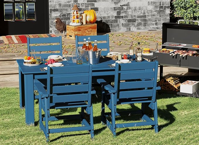 GREENVINES Outdoor Dining Table | 67’’ | HDPE | Rectangle Tables for 6 | All-Weather | Umbrella Hole | Patio Furniture | for Poolside Backyard Garden | Blue GreenVines