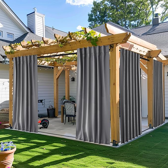 NICETOWN 2 Panels Outdoor Curtains for Patio Waterproof & Windproof, Rod Pocket & Back Tab on Top & Bottom for Privacy and Wind Resistant for Pergola, Free Rope Included, Grey, W52 x L84 per Panel NICETOWN