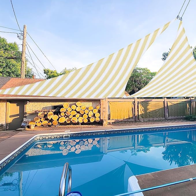 E&K Sunrise 13' x 13' x 13' Sun Shade Sail Triangle Canopy Shade Cover UV Block for Patio Backyard Garden Outdoor (Beige White Strip) EKSUNRISEINC