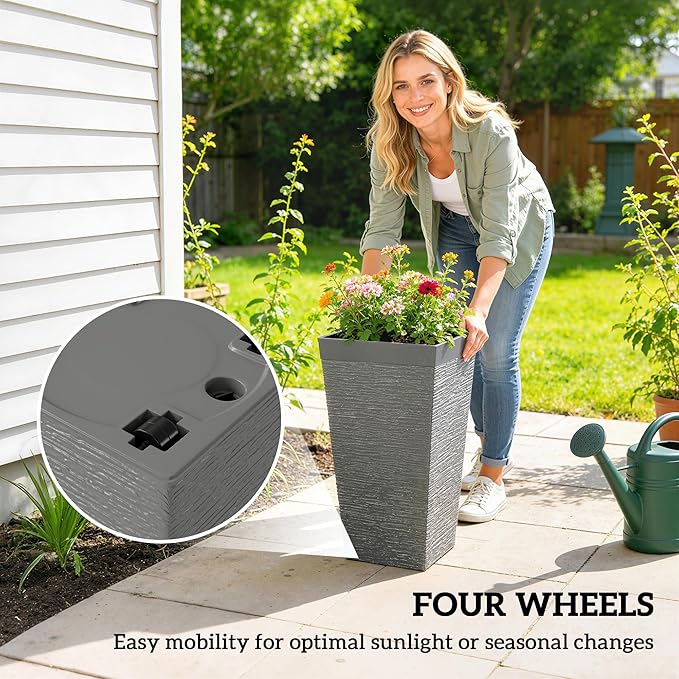 Outsunny 22.8 Inch Tall Planters for Outdoor Plants, Set of 3 Plastic Flower Pots with Stone Finish and Wheels, Stackable Tapered Planters with Drainage Hole for Indoor Plants, Front Porch, Gray Outsunny