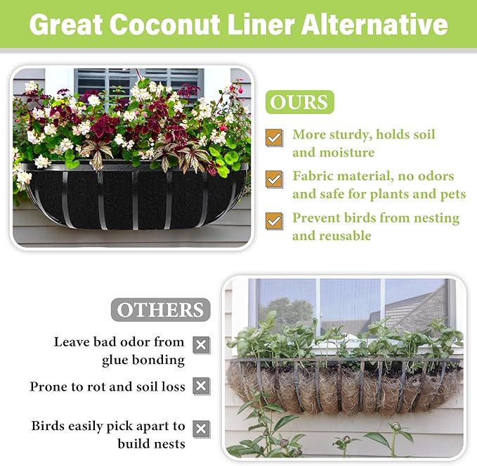 Riare 6 Pack 24 Inch Black Felt Window Box Liners- Fabric Trough Planter Basket Liners Replacement, Non-Woven Hanging Plant Liner for Wall Hanging Basket, Garden Fence Railing (Avoid Bird Nesting) Riare