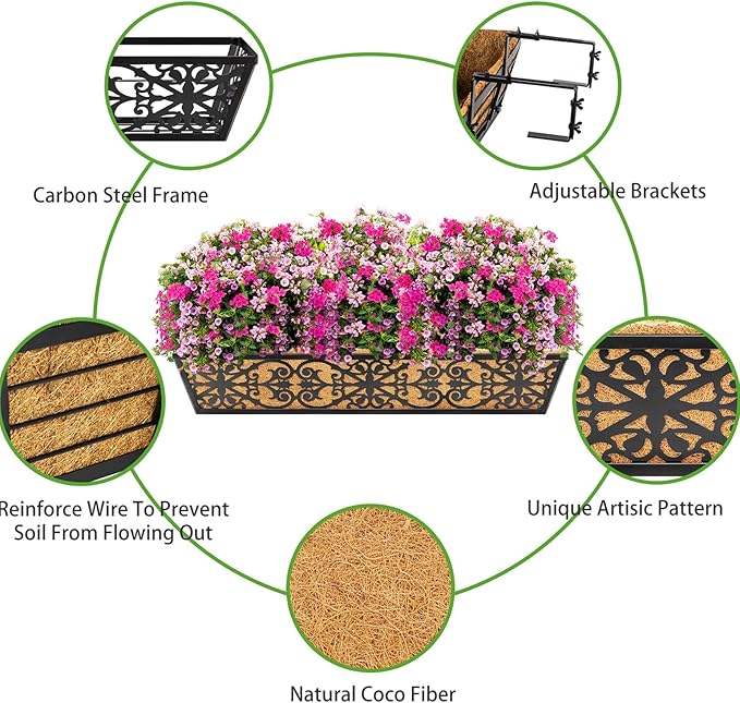 6 Pack 30 Inch Window Boxes Planters Railing Planter Box with Adjustable Brackets & Coco Liners Fabric Plant Grow Bags Deck Railing Planter Boxes Balcony Hanging Flower Box for Outdoor Plants KarlliuHOMEGARDEN