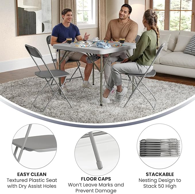 Flash Furniture Hercules Series Plastic Folding Chair - Grey - 4 Pack 650LB Weight Capacity Comfortable Event Chair-Lightweight Folding Chair FlashFurniture