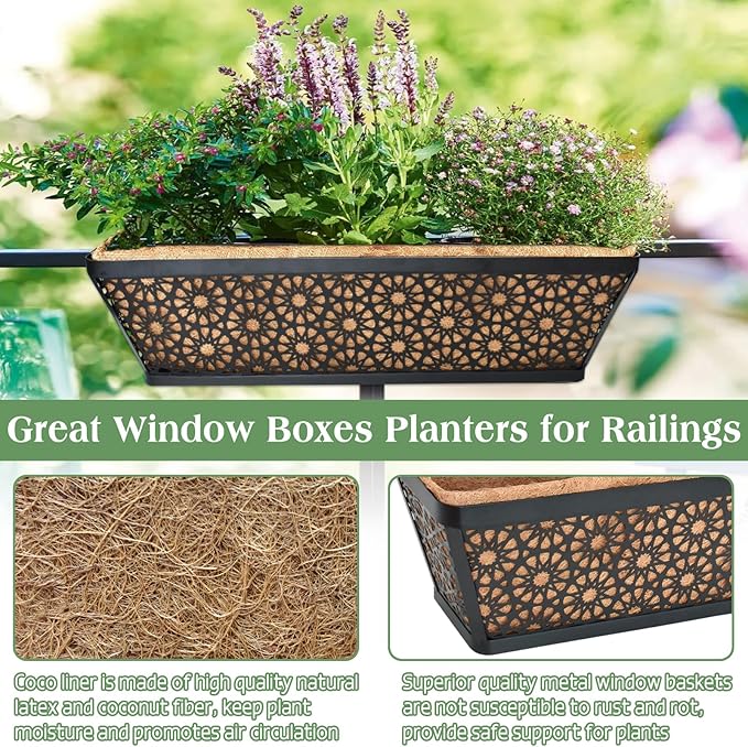 Halatool 4Pack 30 Inch Window Box with Coco Liner Sturdy Metal Railing Planter with Coconut Coir Basket Liners for Window Deck Fence Porch and Patio Outdoor Indoor Lawn HALATOOL