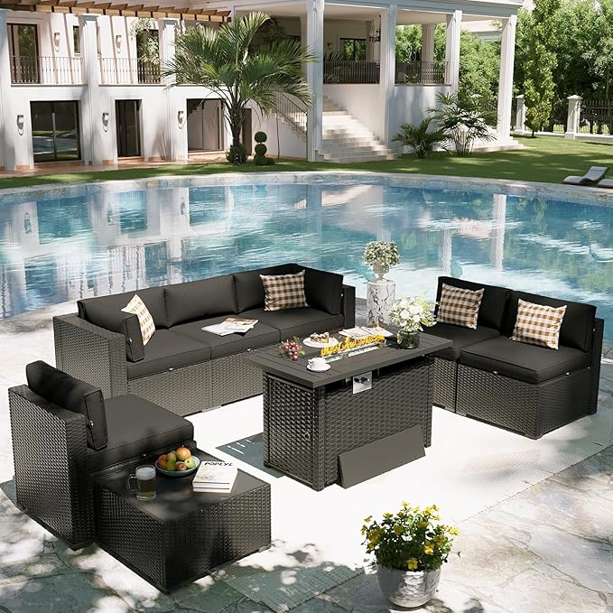 Aoxun Patio Furniture Set with Fire Pit Table, 8 Piece Outdoor Sectional Sofas, Wicker Rattan Outdoor Furniture with Thickened Cushion for Backyard, Garden Black Aoxun