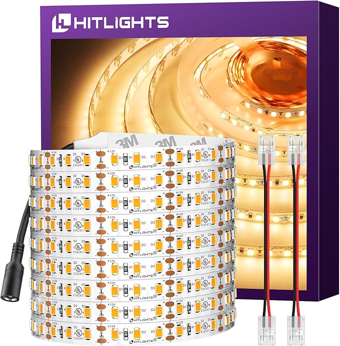 HitLights LED Strip Lights Warm White 3000K, 24.6ft Premium High Density Tape Light for Bedroom, 900 LEDs/Reel, 67W, UL-Listed, 12V Flexible Dimmable Rope Lights for Kitchen, Under Cabinet Lighting HitLights