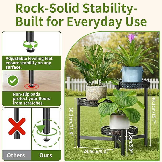 Metal Plant Stand Indoor Outdoor, 3 Tier Corner Tall Plant Shelf for Multiple Plants, Tiered Plant Stand, Heavy Duty Flower Plant Holder, Folding Tall Rack for Garden Patio Lawn Balcony - BlackWave Rootora