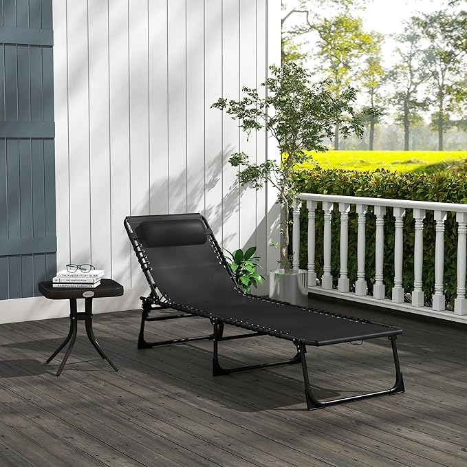 Outsunny Folding Chaise Lounge Chair, Patio Sun Tanning Chair, Outdoor Chaise Lounger with 4-Position Reclining Back, Breathable Mesh Seat for Beach, Poolside, Yard, Black Outsunny