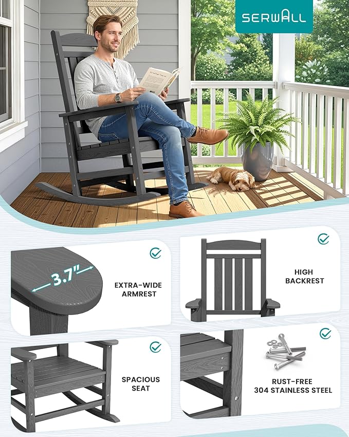 SERWALL Outdoor Rocking Chair Set of 2, HDPE Patio Rocking Chair, All-Weather Porch Rocker for Balcony, Yard, Dark Gray SERWALL