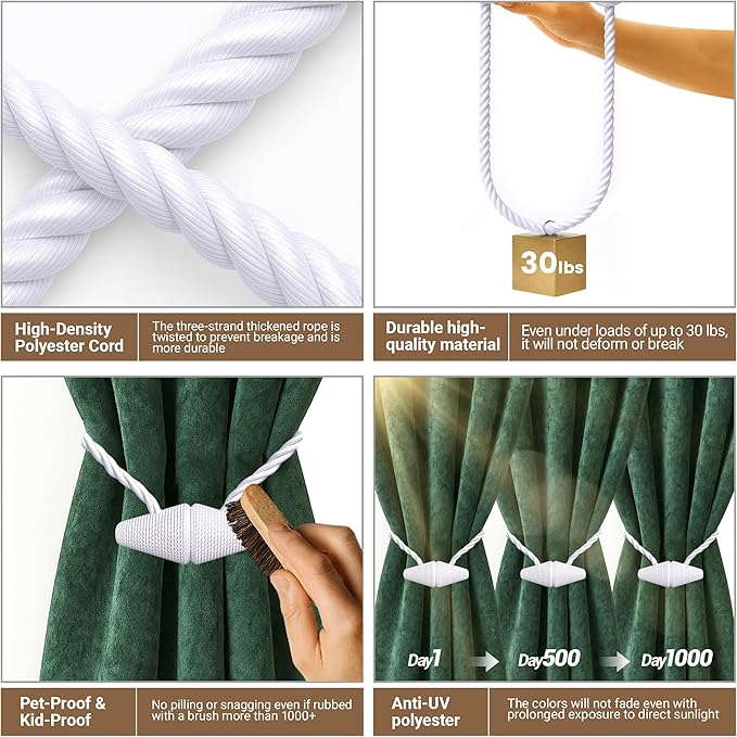 Hion Magnetic Curtain Tiebacks White 2pcs, Curtain Tiebacks Buckles Holdbacks Holders Hooks Clip for Home Bedroom Office Decorative Curtain Hion