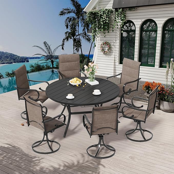MELLCOM 53'' Round Outdoor Dining Table for 6, Metal Patio Dining Table with Umbrella Hole, All-Weather Black Table for Porch, Garden, Backyard, Poolside, Lawn MELLCOM