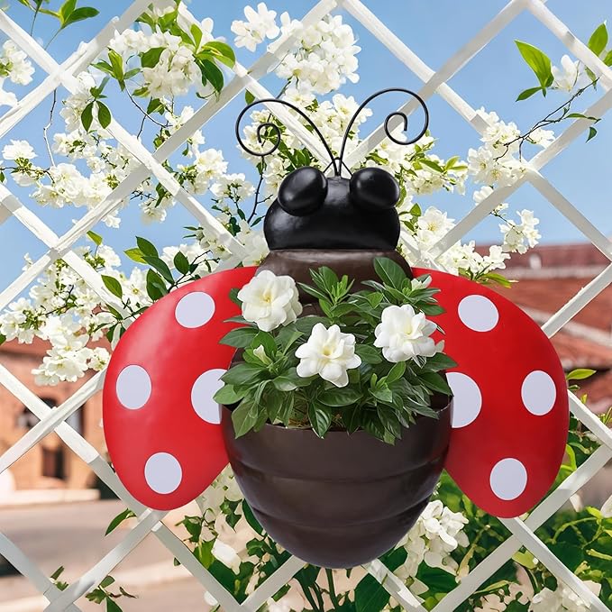 Metal Wall Planter Ladybug Wall Mounted Planters Small Flower Pot with Drainage for Indoor Outdoor Farmhouse Hanging Planter Succulent Plant Container Vertical Garden Yard Decor Chonsun