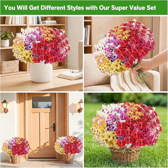 22 Pack Artificial Flowers for Outdoor Indoor Fake Plants, Faux Silk Flowers for Outdoors Outside Front Porch Hanging Planter Window Box Garden Spring Decoration(Multi-Colour) Powbrace