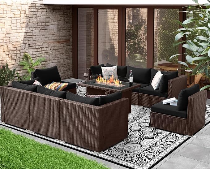 NICESOUL Large Size Patio Furniture Set with Fire Pit Natural Gas/Propane, 29.3'' High Backrest Luxurious Outdoor Modular Sofa Set, 9 Piece Heavy Duty Conversations, Brown Rattan and Black Cushion NICESOUL