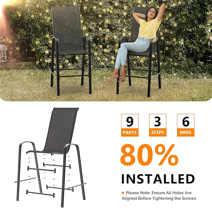 VINGLI Outdoor Bar Chairs Set of 6 – Stackable Outdoor Bar Stools with Sturdy Sling High Back and Armrests for Lawn, Courtyard, Garden, Bar, Black VINGLI