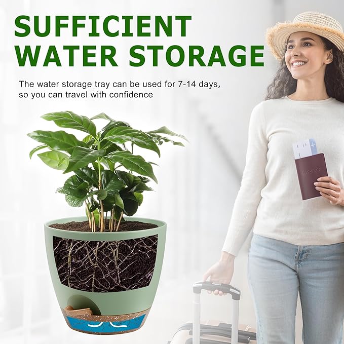 Plant Pots 12/10/9 Inch Self Watering Pots, Set of 3 Plastic Planters with Drainage Holes and Saucers,Plastic Flower Pots,Nursery Planting Pot for Indoor Out Door Plants(Green) QRRICA