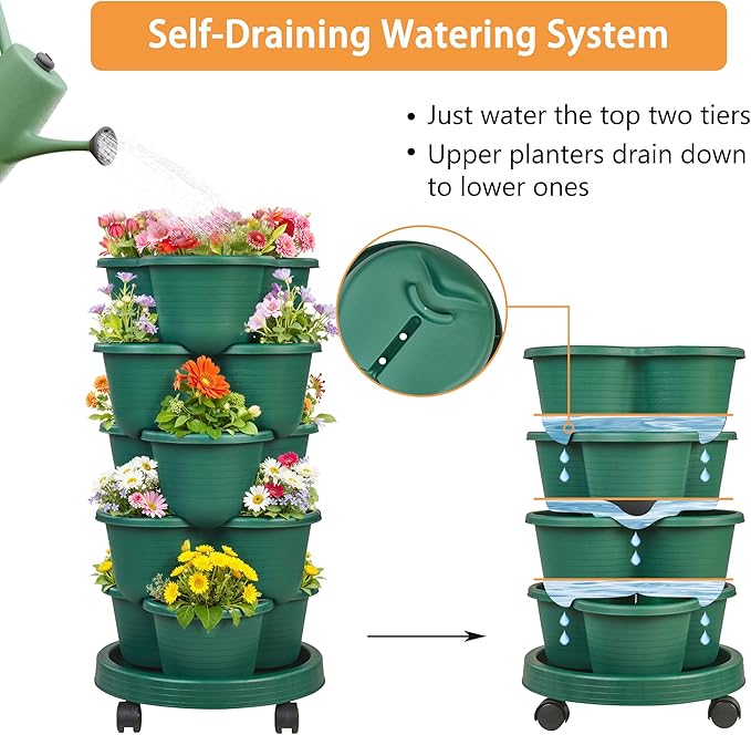 VECELO 5 Tier Vertical Garden Planter, Self Watering Stackable Planters with Wheels for Strawberries, Herbs, Flowers, Vegetables, Dark Green VECELO