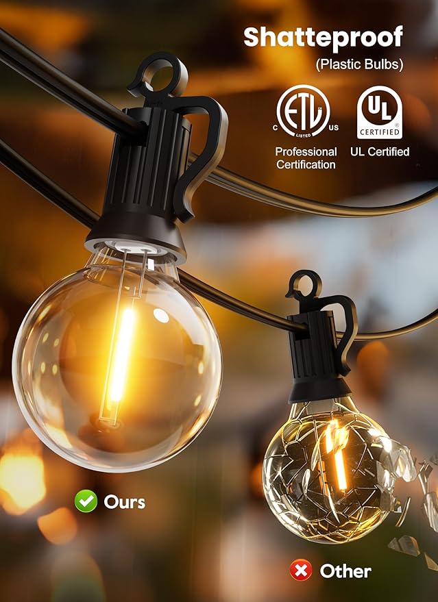 Brightown Outdoor String Lights, 25FT 12+1 G40 Bulbs Shatterproof Patio Lights, IP65 Waterproof Dimmable Hanging Connectable Globe LED Outdoor Lights for Backyard, Bistro, Porch, Deck, Balcony Brightown