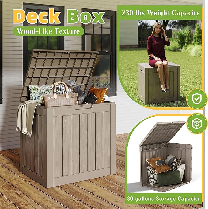 30 Gallon Outdoor Storage Box Weather Resistant UV Protection Waterproof Resin Deck Box for Garden, Patio, Porch, Delivery(Gray，30 Gallon) KFY
