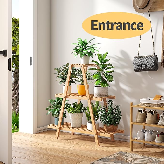 Bamboo Plant Stand - Indoor/Outdoor 3 Tier Plant Ladder, 8 Potted Flower Holder, Natural Furshus