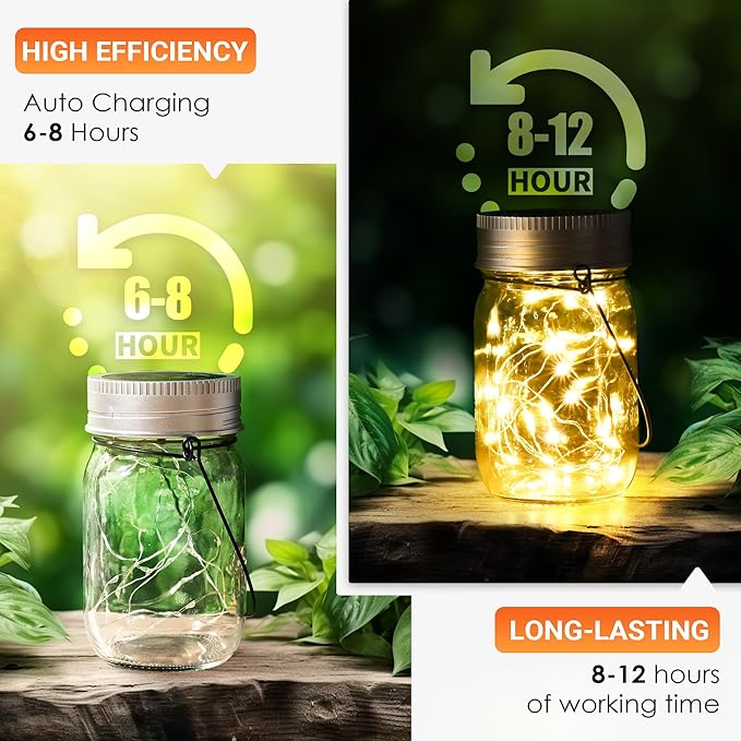 GIGALUMI Solar Mason Jar Lights, 8 Pack 30 Led String Fairy Lights Garden Lights Outdoor Waterproof Hanging Solar Lanterns for Outdoor, Garden, Patio, Lawn, Balcony Decoration GIGALUMI
