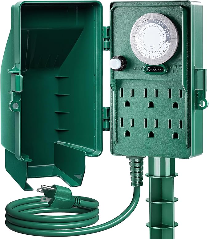 SURAIELEC Outdoor Power Stake, 24-Hour Mechanical Light Timer, Electrical Power Strip Weatherproof, 6FT Extension Cord Multiple Outlet Plug for Patio Lights, Christmas Decorations, Outdoor Light SURAIELEC
