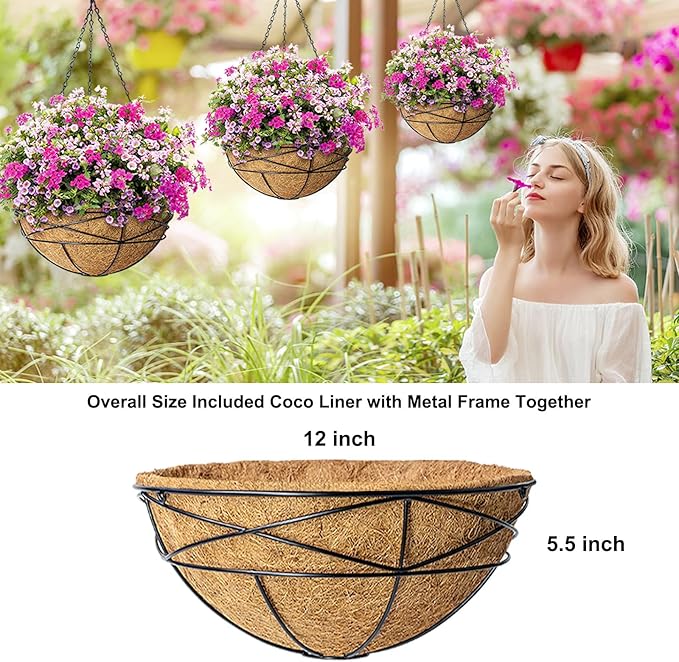 2 Pack 12 Inch Hanging Planters for Outdoor Plants Metal Watering Flower Baskets with Coco Liner for Hanging Pot Round Plant Holders Planter for Outside Garden Decor KarlliuHOMEGARDEN