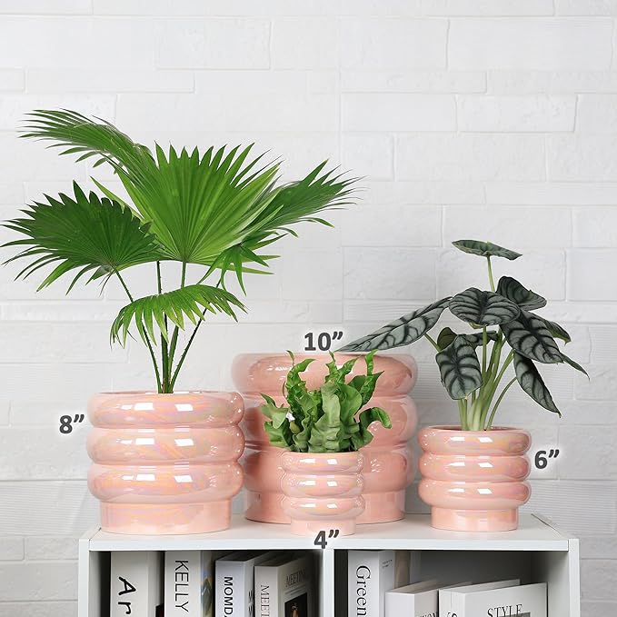 10 inch Ceramic Plant Pots for Indoor Plants, Rainbow Pearl Glaze Planter with Planters for Plants with Drainage Hole, Orchid Pots, Succulent Pot, Large Flower Pot (Pink) YFFSRJDJ