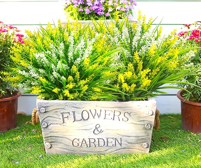 Artificial Plants Outdoor, 20 Pcs Fake Flowers UV Resistant Outdoor Fake Plants, Lavender Artificial Flowers Plastic Fake Faux Flowers Shrubs for Home Porch Garden Yard Window Box (Yellow White) TSTWETO