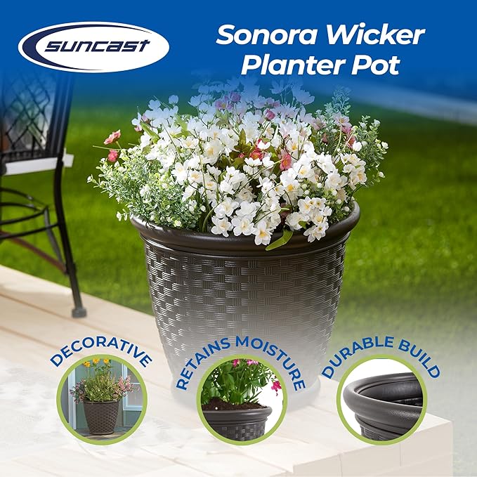 Suncast Sonora 18 Inch Lightweight Durable Plastic Wicker Decorative Flower Planter Pot for Yard, Garden, Indoor or Outdoor Use, Brown Suncast