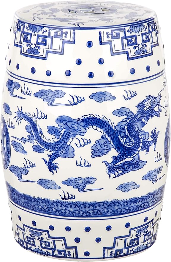 SAFAVIEH Castle Gardens Collection – Dragon’s Breath Blue Glazed Ceramic Chinoiserie Indoor/Outdoor Garden Stool (ACS4554A) SAFAVIEH