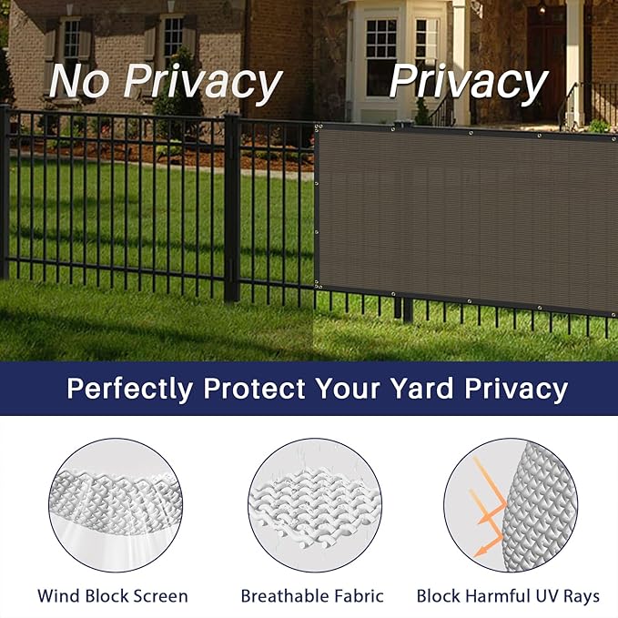 WINDSCREEN4LESS 6' x 9' Privacy Fence Screen in Brown for Chain Link Fence W/ Brass Grommet 85% Blockage Windscreen Outdoor Mesh Fencing Netting 150GSM Fabric W/ Zip Ties - Custom Size Windscreen4less