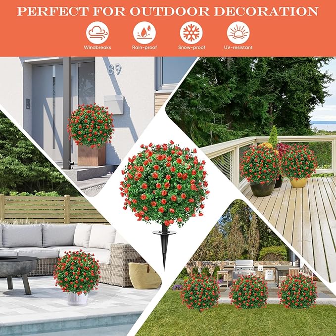 Artificial Topiary Bushes for Outdoors with Spike, Boxwood Ball Fake Shrubs UV Resistant Faux Plants for Indoor Outdoor Fall Thanksgiving Halloween Decor (Artificial Boxwood Ball Bush-Red) FAJUNZH