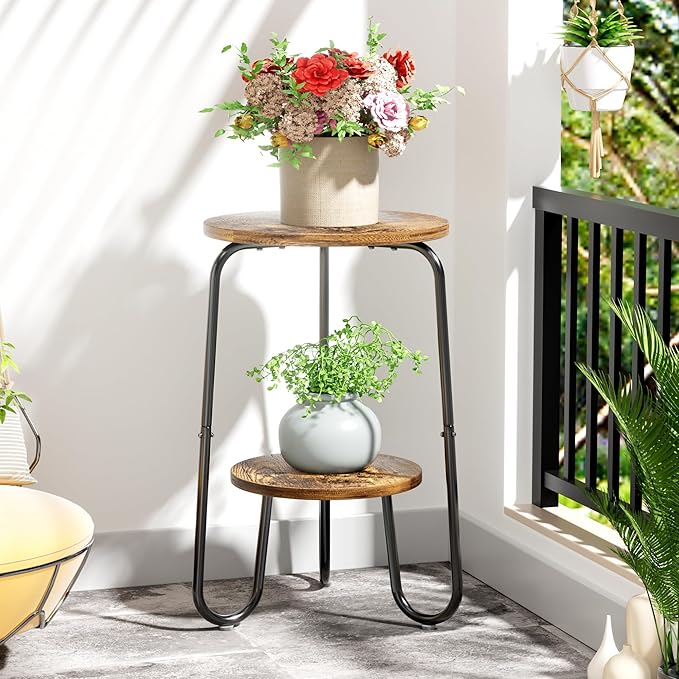 2 Tier Wood Plant Stand Indoor, Small Round Flower Pot Stand, 19.6" Tall Single Plant Holder for Living Room, Balcony, Rustic Brown End Side Table（Rustic Brown） REFGY
