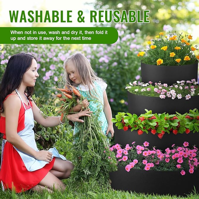 8 Pcs Plant Grow Bags 4 Tiered Strawberry Planter Tower Fabric Raised Garden Beds, 39 Inch Nonwoven Strawberry Pyramid Planter for Vegetables Flower Herbs Gardening Outdoor Growing (Black) Rootora