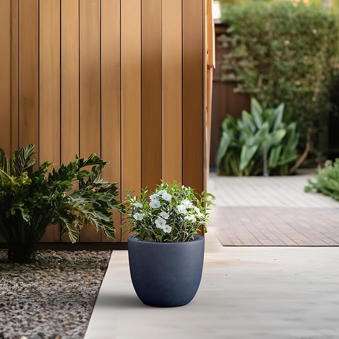 Kante 14 Inch Dia Round Concrete Planter, Indoor Outdoor Large Plant Pot with Drainage Hole and Rubber Plug for Home Patio Garden, Dark Gray Kante