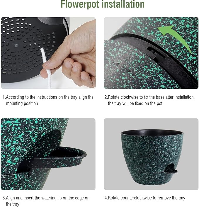 10 inch Self Watering Pots, Planter, Plant Pots with Mesh Drainage Holes for Indoor Outdoor House Plants and Garden, 2 Pack Plastic Flower Pots with Reservoir, Black with Green Speckles WSMKSZ