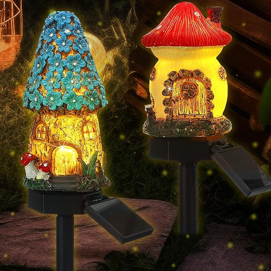 2 Pack Fairy Outdoor Garden Fairy House Mushroom Solar Light Home Statue LED Light for Spring Outside Garden Lawn Walkway Patio Yard Backyard Plant Decoration Rossesay