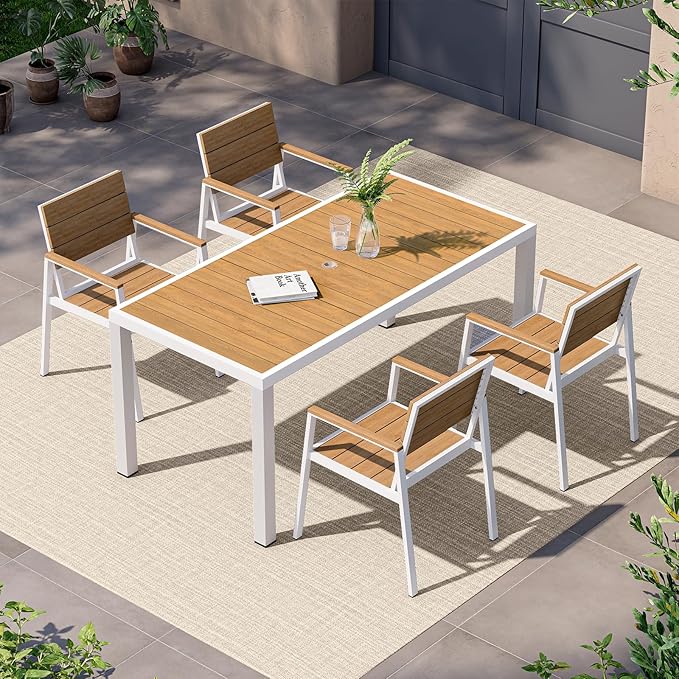 5-Piece Outdoor Dining Set, Aluminum Dining Table Set for 4, Patio Table and Chairs Set with Umbrella Hole, All Weather HDPS Outdoor Table and Chairs for 4 (White-Teak) Vexwalx