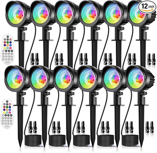 MEIKEE 15W RGB Landscape Lights 12V 24V Low Voltage Landscape Lighting RGBW Color Changing IP66 Waterproof Outdoor Spot Lights with Connectors for Garden Path Yard (12 Pack) MEIKEE