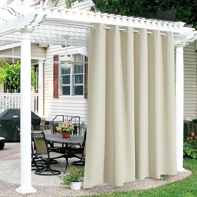 RYB HOME Outdoor Curtains for Patio Waterproof Block Sunlight Thermal Insulated Privacy Assured Thick Outside Curtains for Porch, Gazebo, Pergola, W84" x L95", Beige, 1 Panel RYBHOME