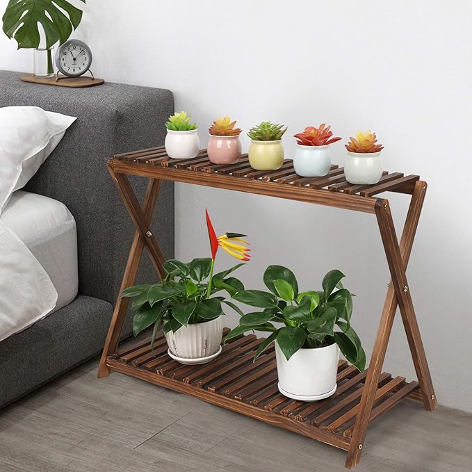 Wood Plant Stand Indoor Outdoor 2 Tiers Flower Stand Corner Stepped Planter Shelf Rack Flowerpot Holder for Plant Display in Patio Balcony Entryway Porch Livingroom (Classic X-Cross Design) TOVACU